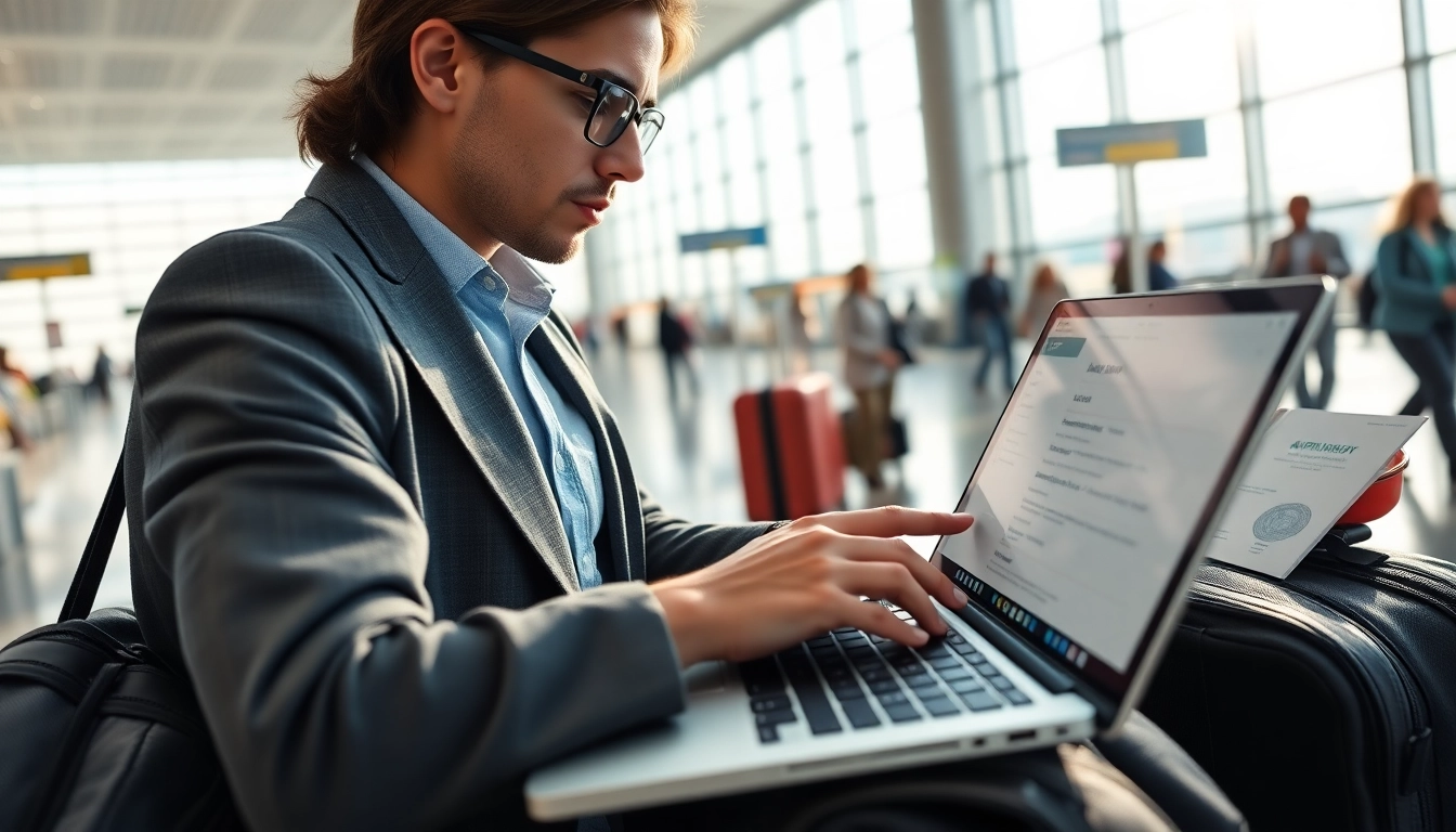 Submit your uk eta online application effortlessly with a focused traveler at an airport.