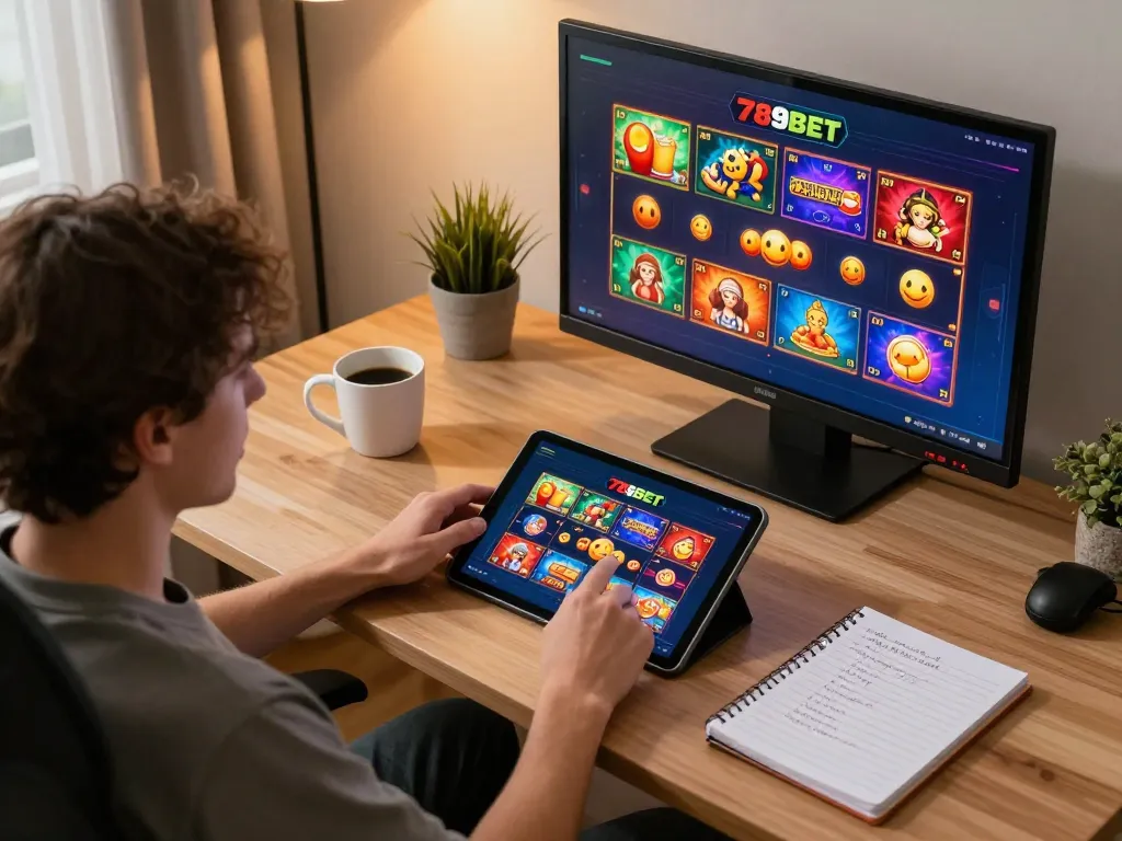 Player engaging with 789BET online casino app on a tablet in a cozy home setting, emphasizing responsible gaming.