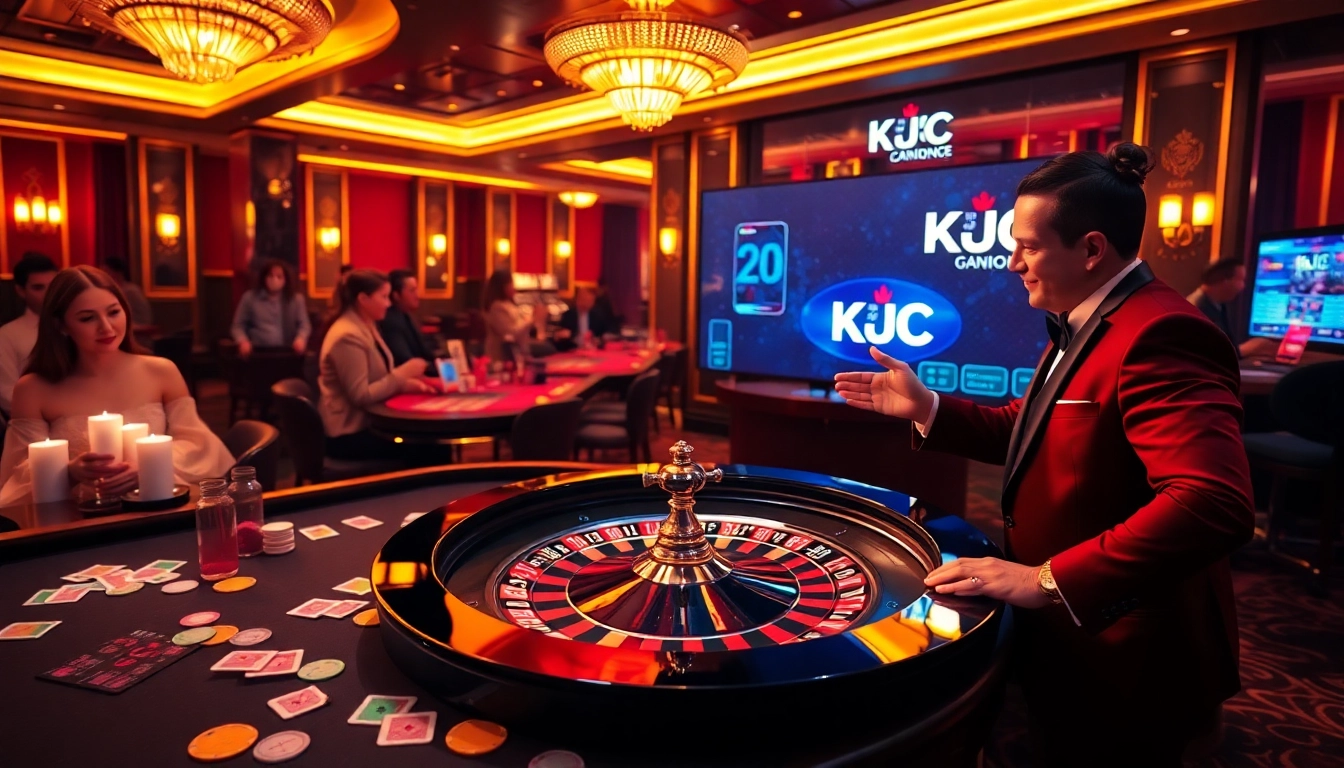 KJC casino scene showcasing luxury gaming tables, vibrant cards, and interactive online gambling interfaces.