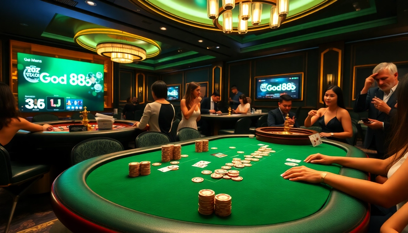 Good88 gaming scene with poker table and roulette wheel exuding excitement and professionalism.
