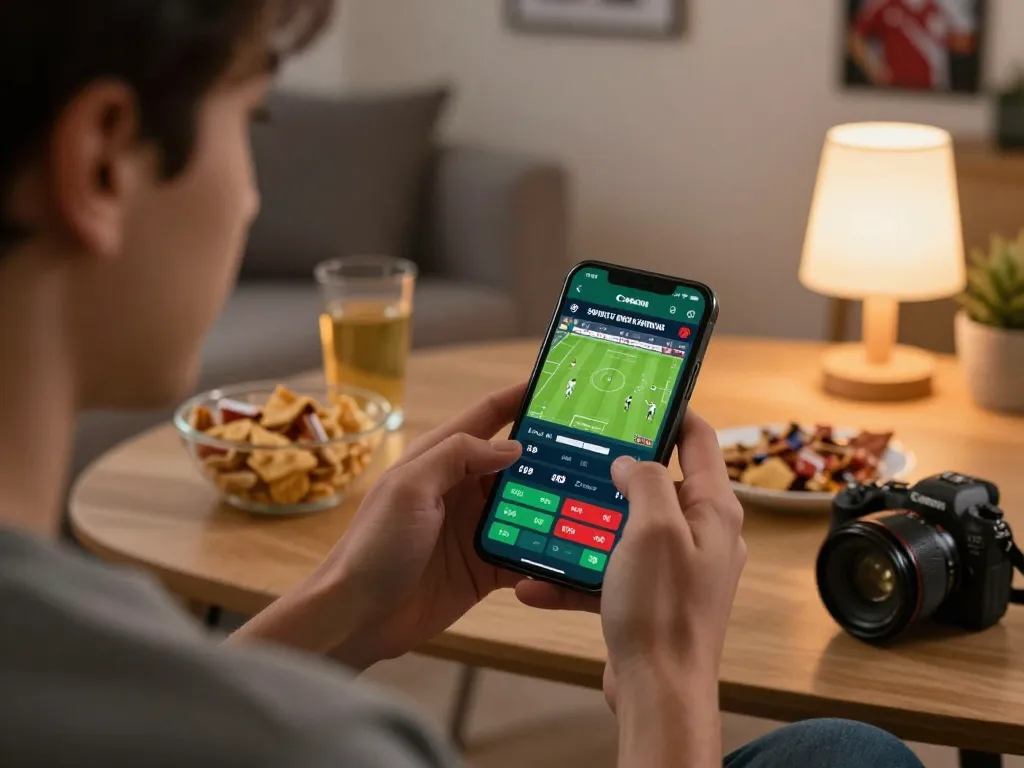 Person engaged in sports betting on kkeonhacai app with live odds displayed on a smartphone.