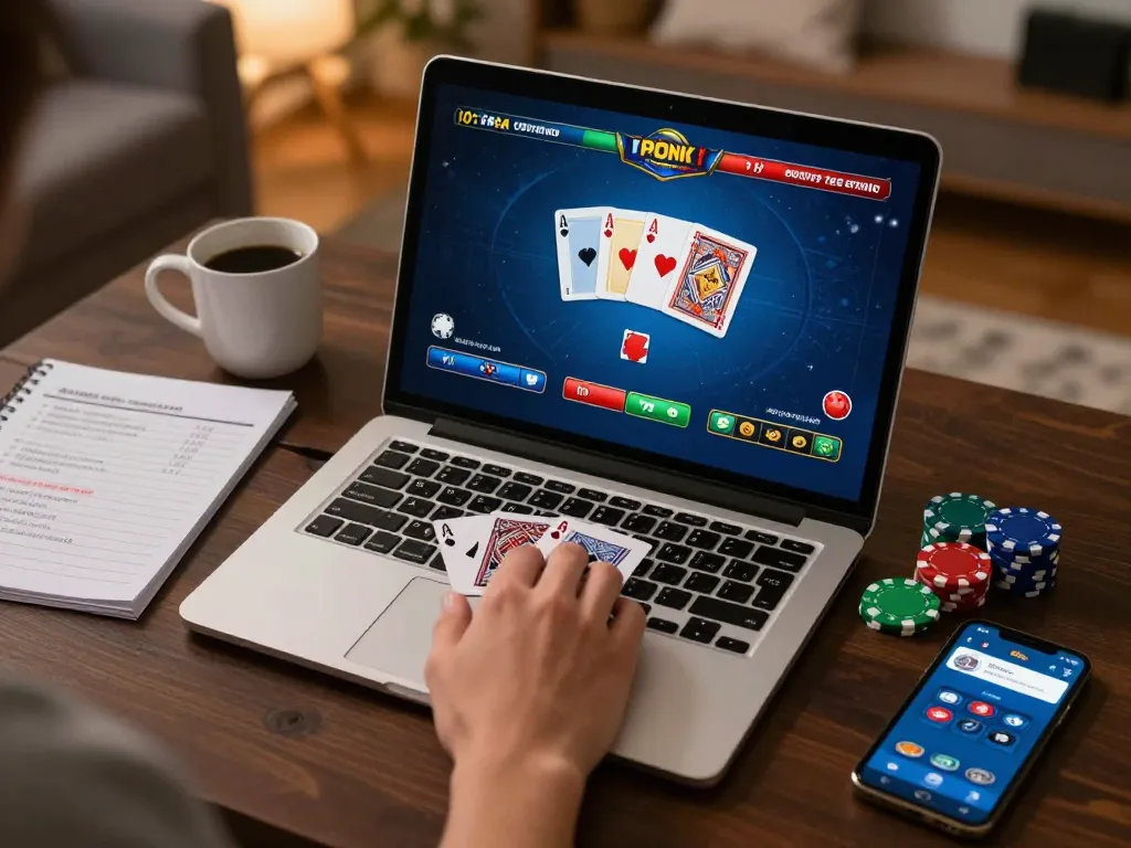 Engaging online poker gameplay on a laptop emphasizes strategy and excitement, highlighting gem88’s gaming options.