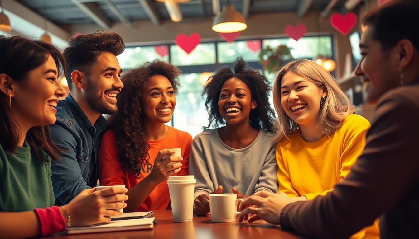Young adults discussing their crush on someone in a cozy coffee shop setting.
