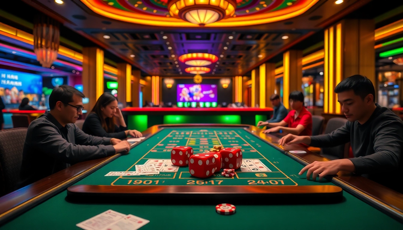 Experience the thrill of game tài xỉu with vibrant dice rolling and lively casino ambiance.