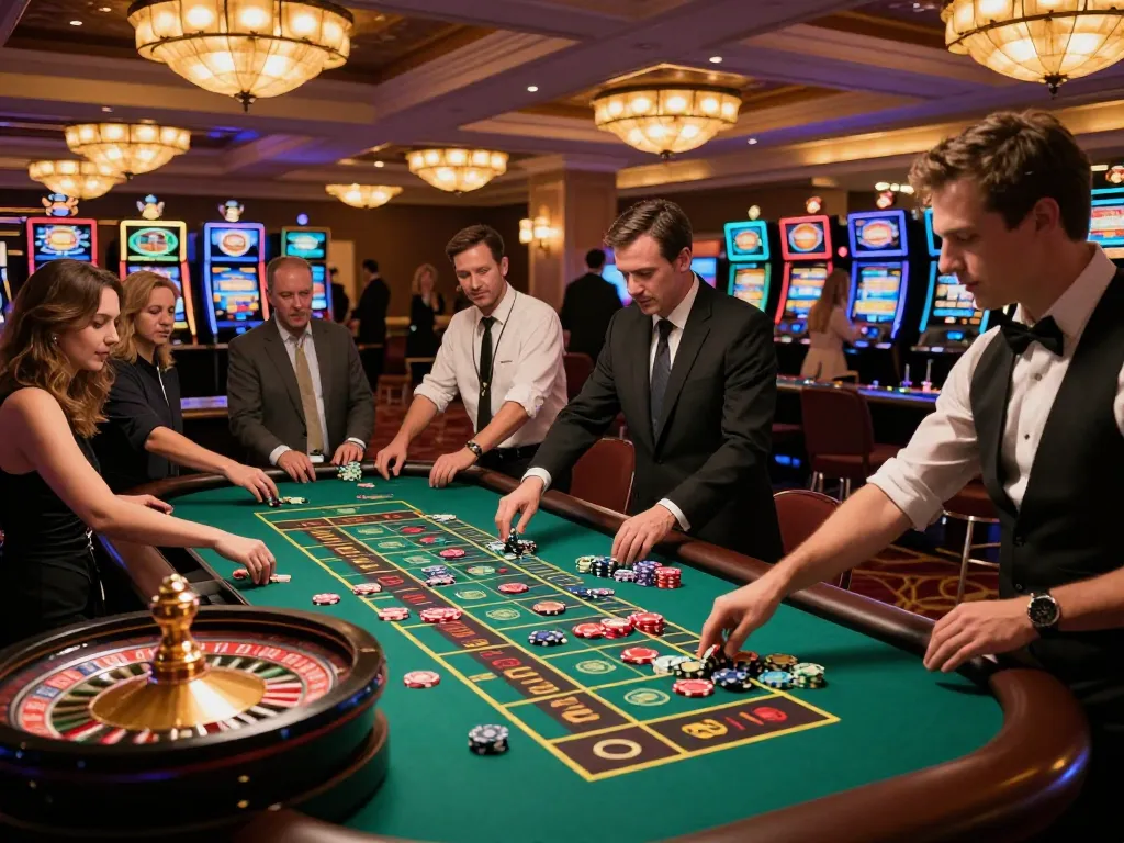 Nohu players excitedly betting at a roulette table in a lively casino atmosphere