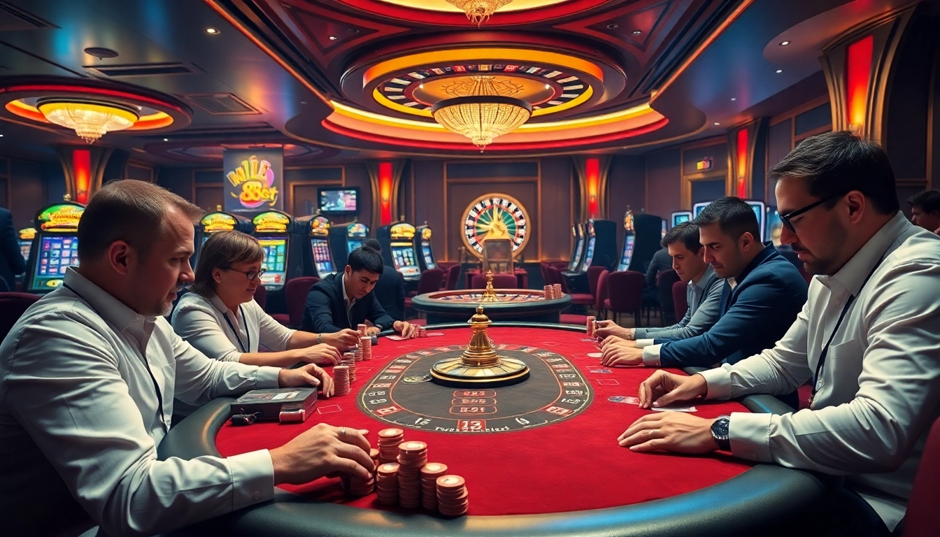 Engaging poker scene at F8bet ventures casino, featuring players amidst luxury and excitement.