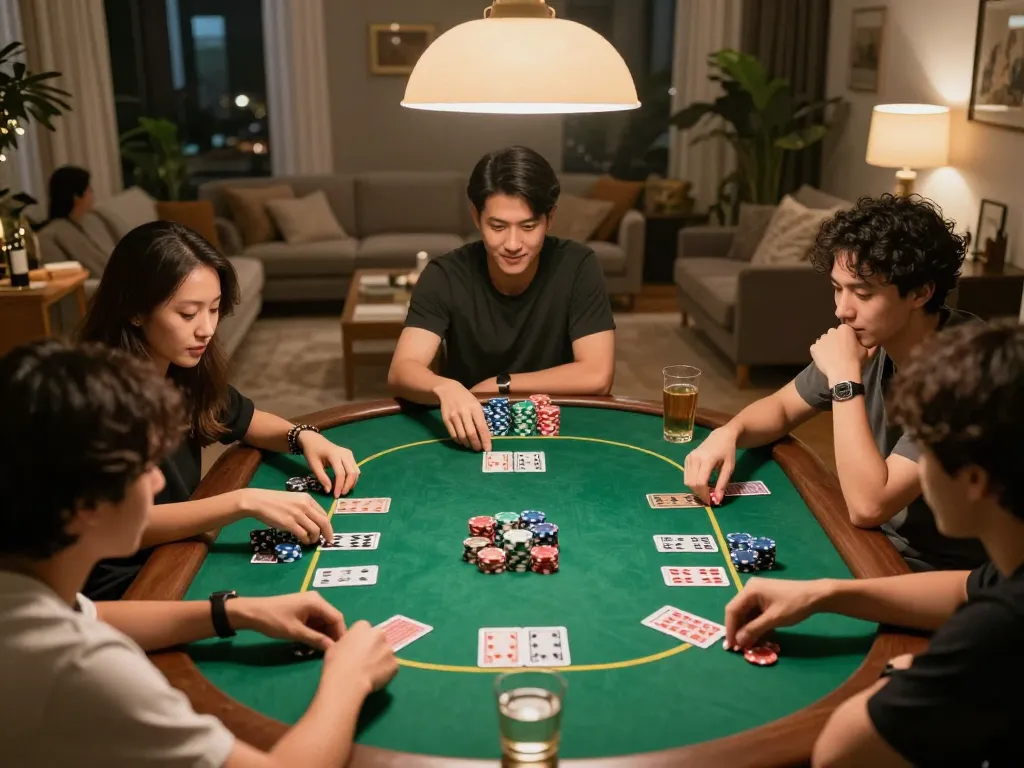 Players enjoy poker night at home, showcasing F168 gaming strategy and excitement.