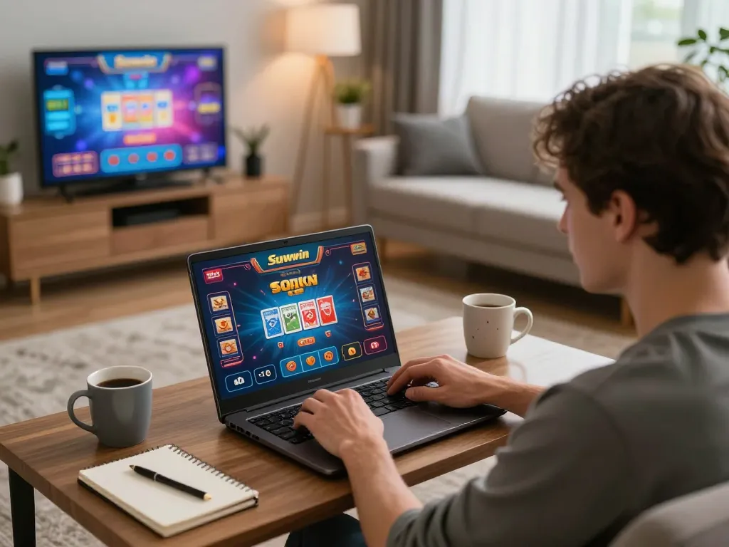 Player engaging in online gaming on Sunwin, showcasing strategic betting in a cozy atmosphere.