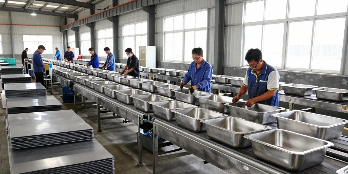Workers in a stainless steel basin factory crafting high-quality products.
