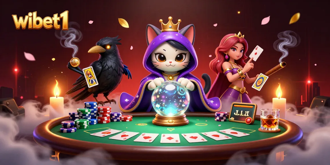 Experience the magic of wibet1 with a mystical fortune teller cat and poker scene.