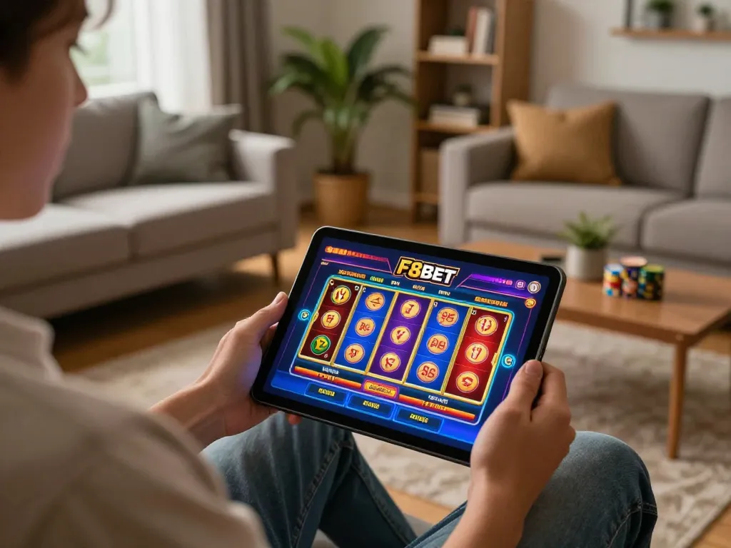 Engaged player enjoying F8bet casino games on a tablet in a cozy home setup, emphasizing mobile gaming excitement.