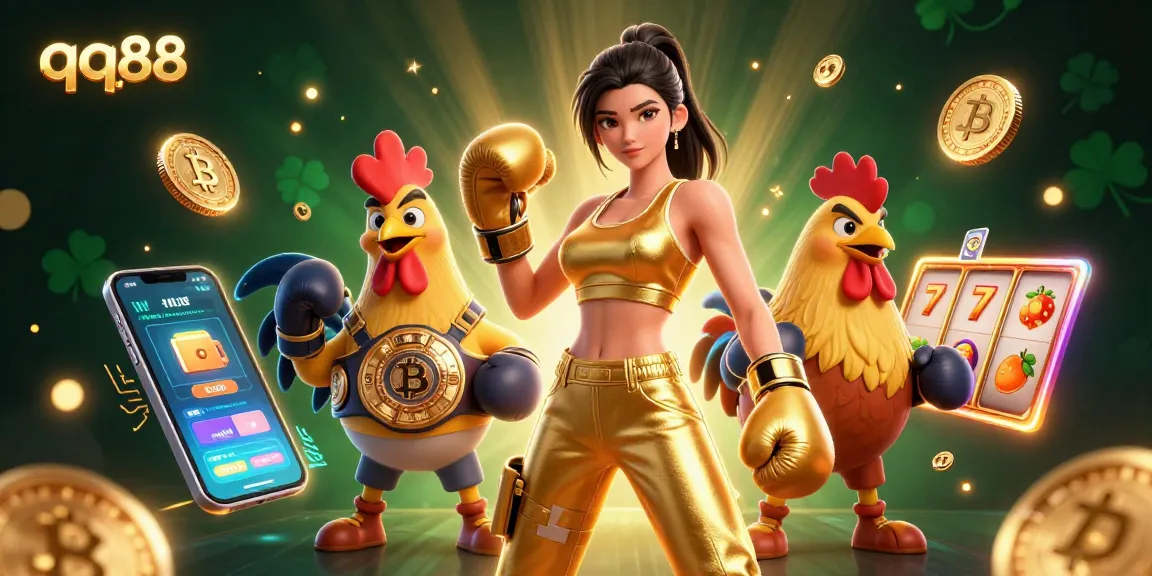 Engage with qq88's vibrant casino scene featuring a powerful boxing woman and championship rooster.