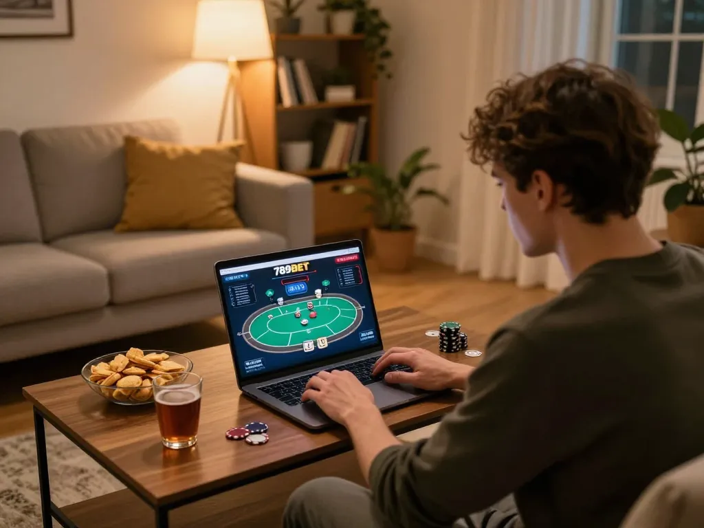 Engaging in online gambling at trang chủ 789bet using a laptop in a cozy home environment.