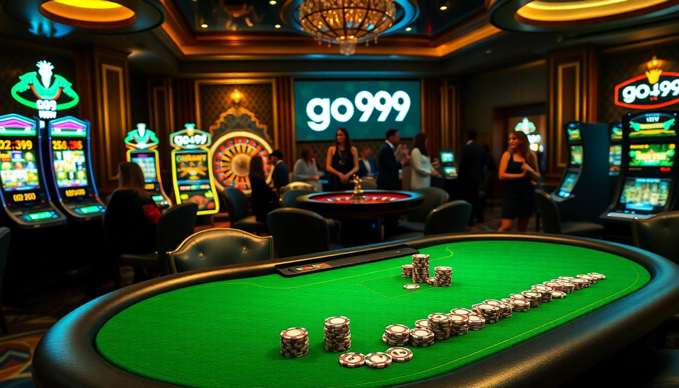 Experience the thrill of go+99 at a luxurious casino table with vibrant poker chips and vibrant slot machines.