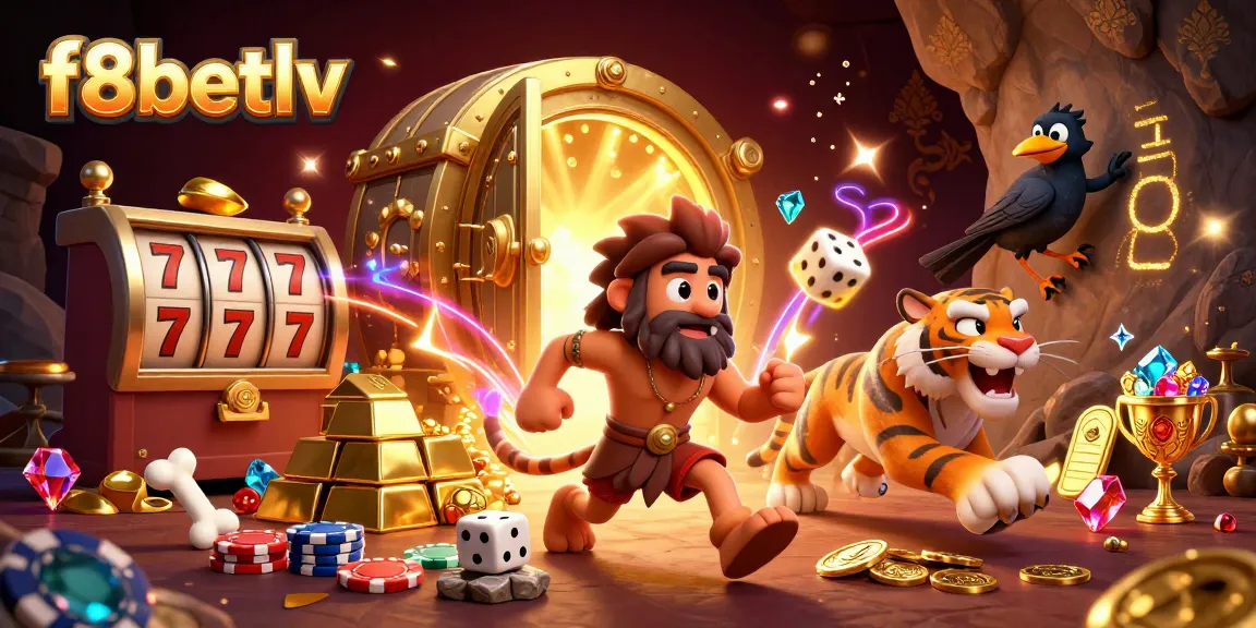 Win at f8betlv as a cartoon caveman duo and a sabertooth tiger run a vibrant casino scene.