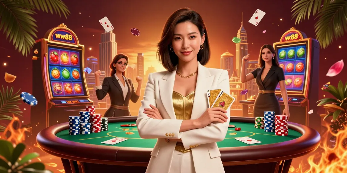 Experience thrilling gameplay at ww88 with a dynamic casino scene featuring poker chips, golden cards, and vibrant game elements.