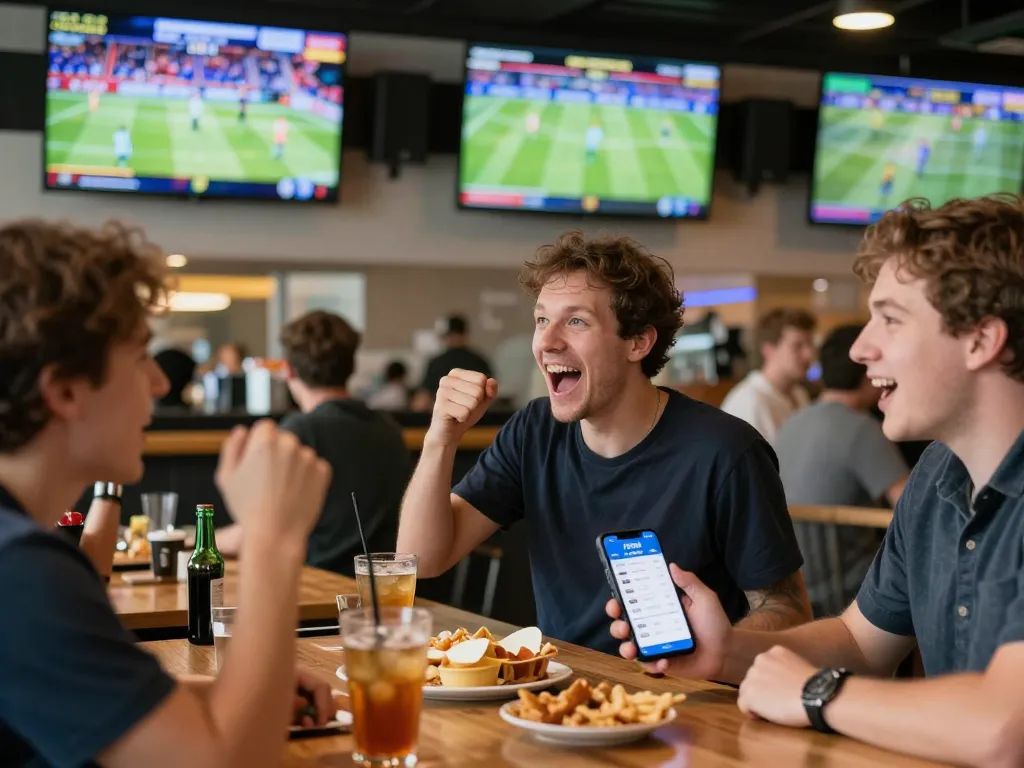 Engage in thrilling sports betting with F168 app at a vibrant sports bar atmosphere.