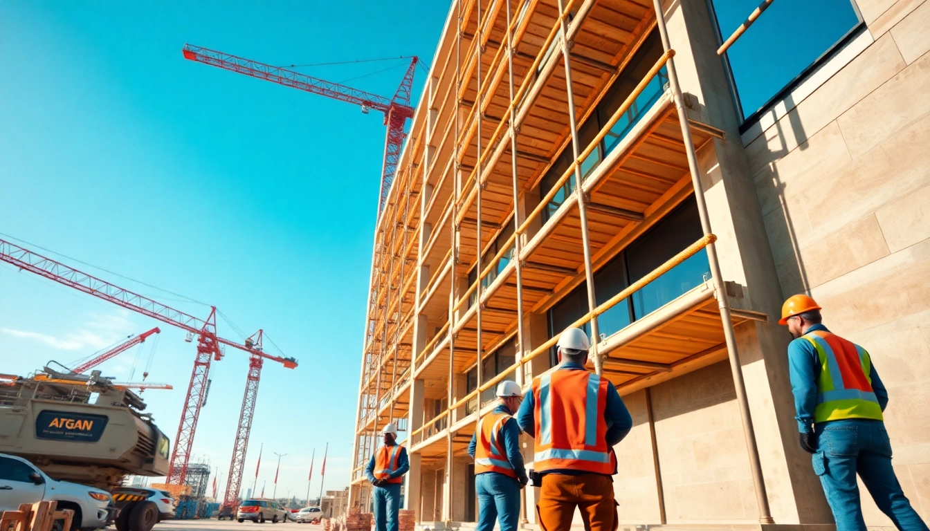 New York General Contractor collaborating on a construction site with modern machinery and skilled workers.