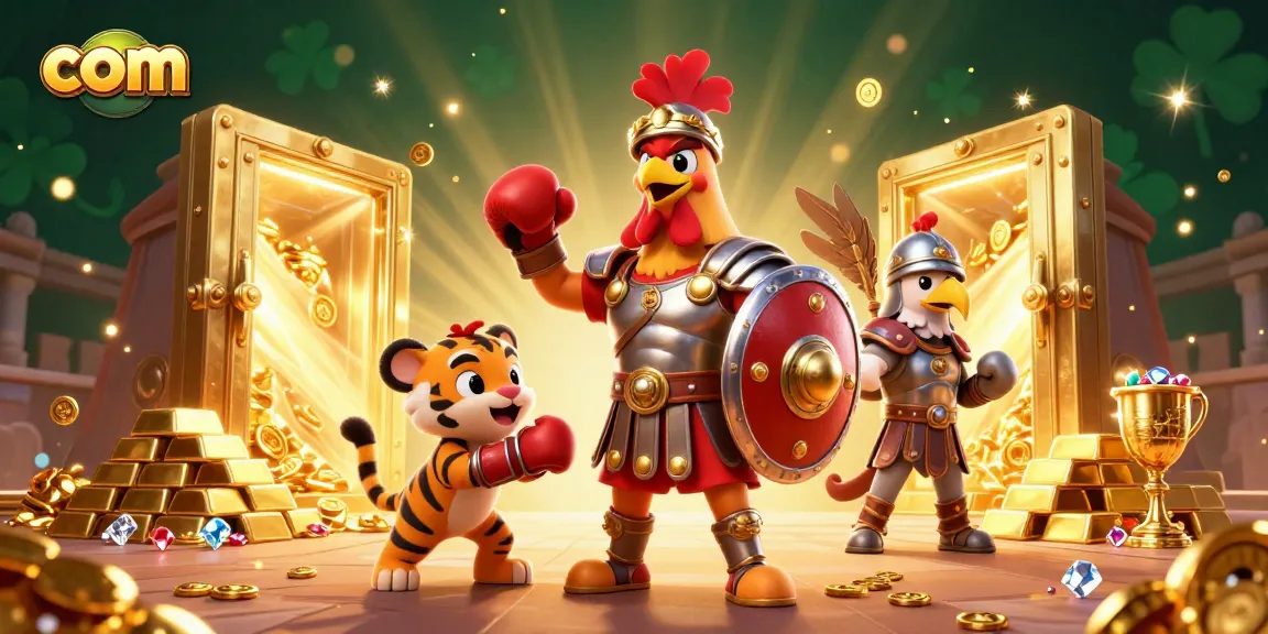 Spin and win big at com with this dynamic casino showdown featuring a gladiator rooster and treasures.