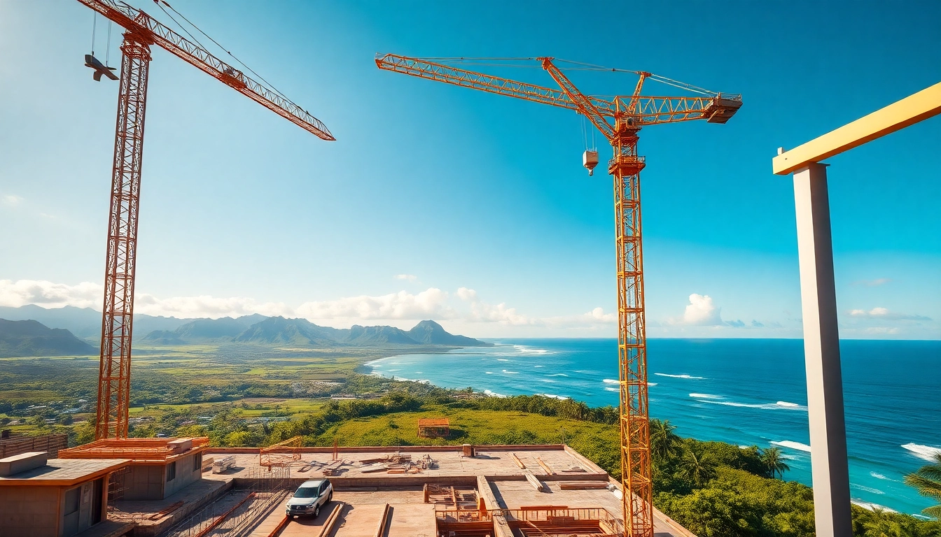 Workers on a construction site reflecting hawaii construction news amid beautiful Hawaiian landscapes.