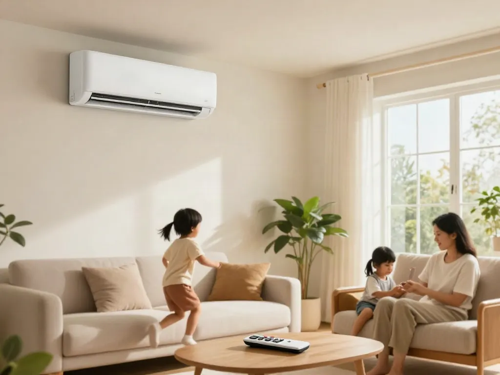 Comfortable living room with an 18k mini split unit, family enjoying the cool atmosphere
