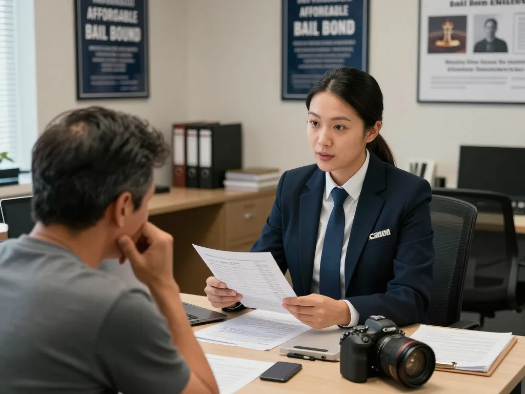 Supportive bail agent discussing affordable bail bonds in professional office setting