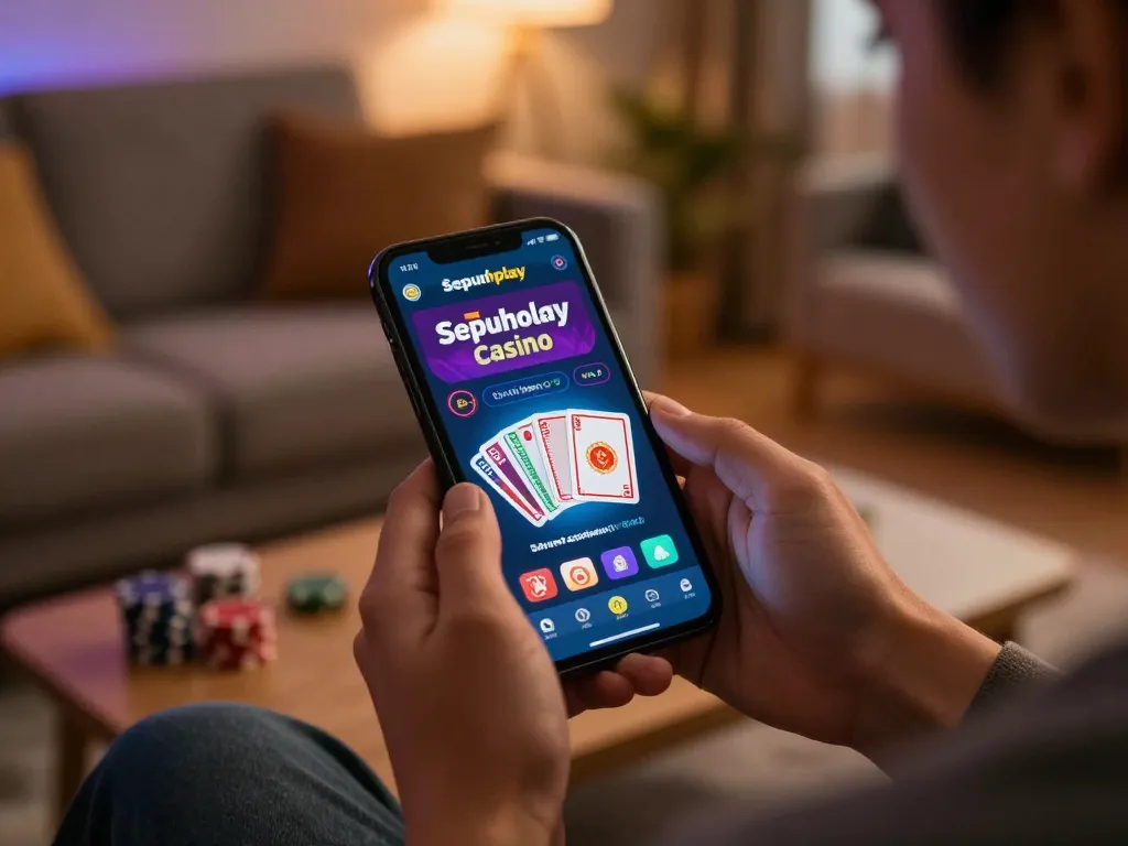 Tampilan permainan yang menarik di aplikasi Sepuhplay menunjukkan kartu dan chip di perangkat seluler dalam suasana rumah yang nyaman