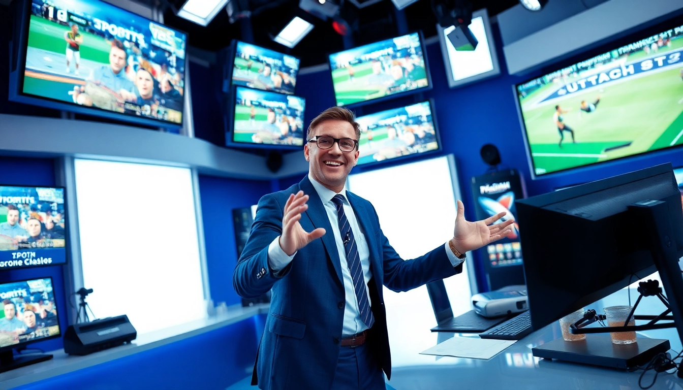 Engaging sports broadcasting scene featuring a dynamic commentator, energizing viewers.