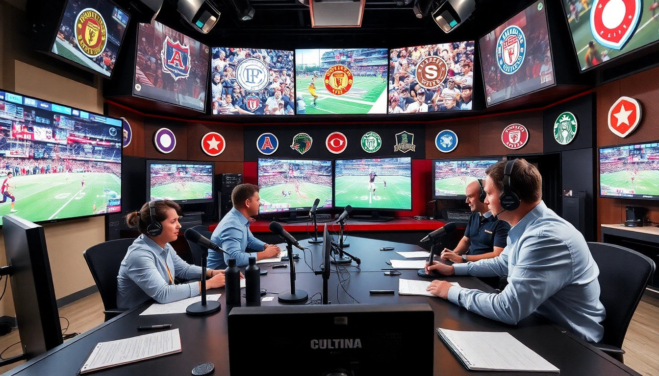Sports Broadcasting professionals engaging in dynamic discussion inside a high-tech studio.