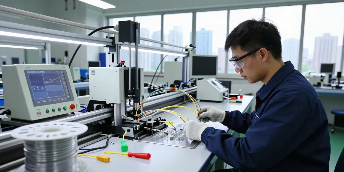 Technician inspecting fiber patch cables in a high-tech manufacturing facility.