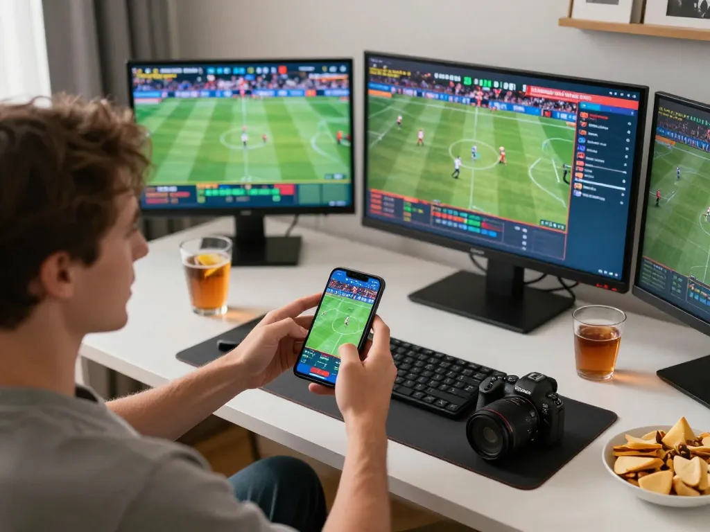 Luckywin player engaging with sports betting app excitedly at home