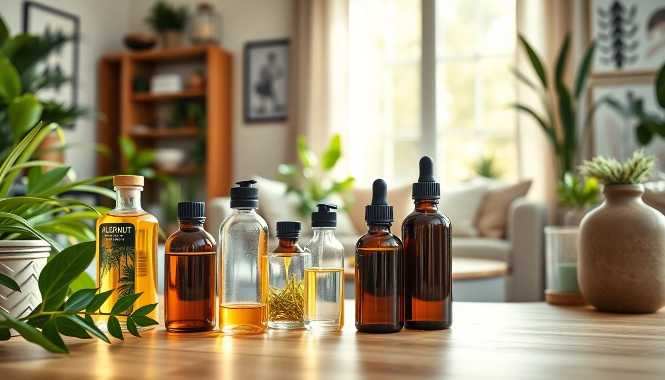 Experience the aromatic benefits of AMC Essentials with a visual display of essential oils and wellness products.
