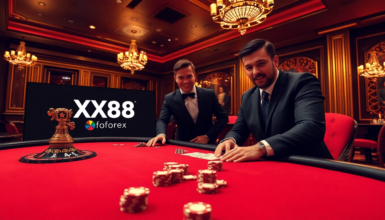 Engaged gamblers at a casino table, showcasing strategic play with chips and cards at https://xx88.forex/.