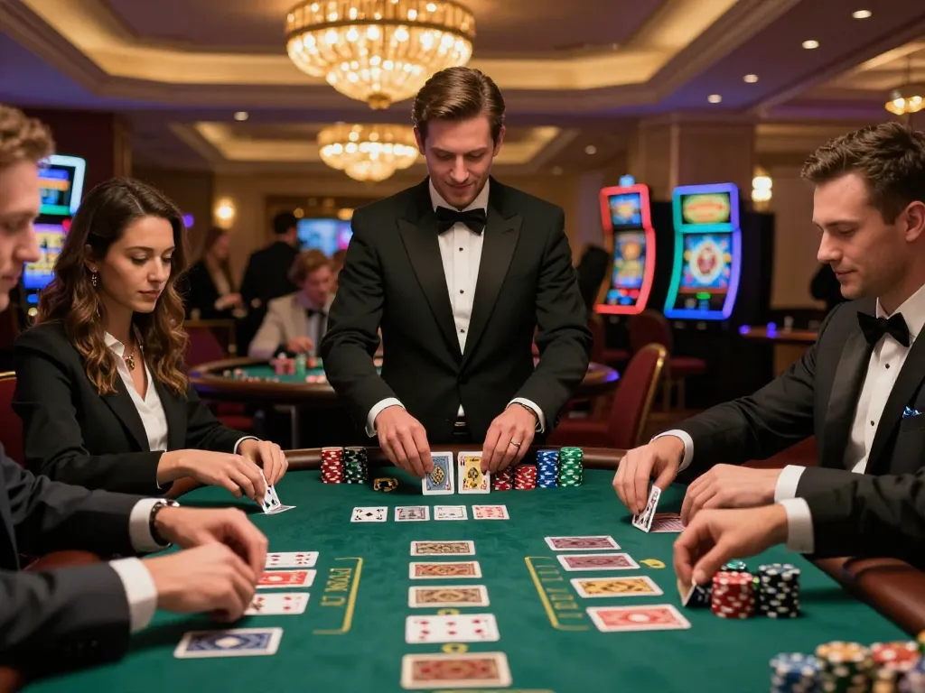 Play strategic blackjack at FC88's vibrant table, showcasing players and intense gameplay.