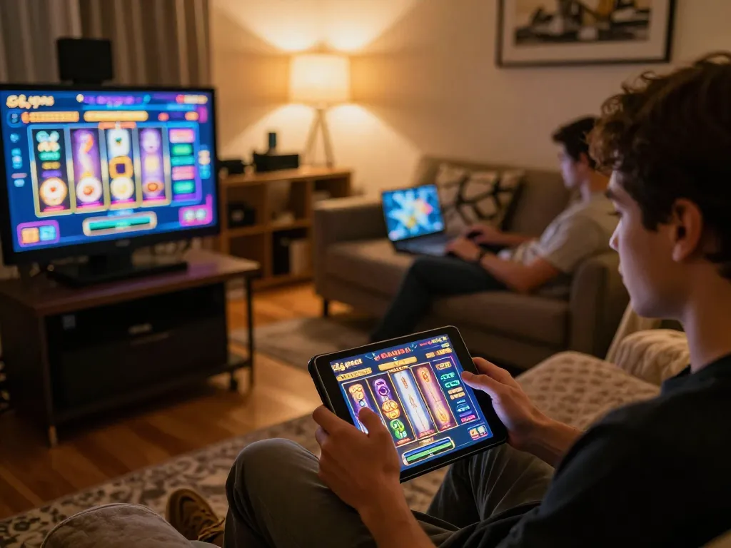 Engaging with slot gaco games on a tablet in a cozy home setting, showcasing gaming action.