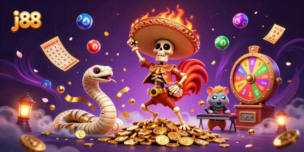Experience thrilling moments with j88 as a skeleton mariachi rooster celebrates amidst colorful lottery balls.