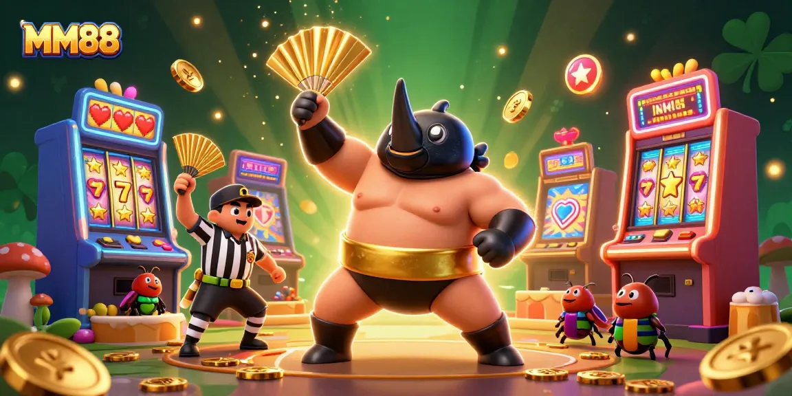 Experience the excitement of MM88 as the sumo champion beetle stomps, sending coins flying in a vibrant casino scene.