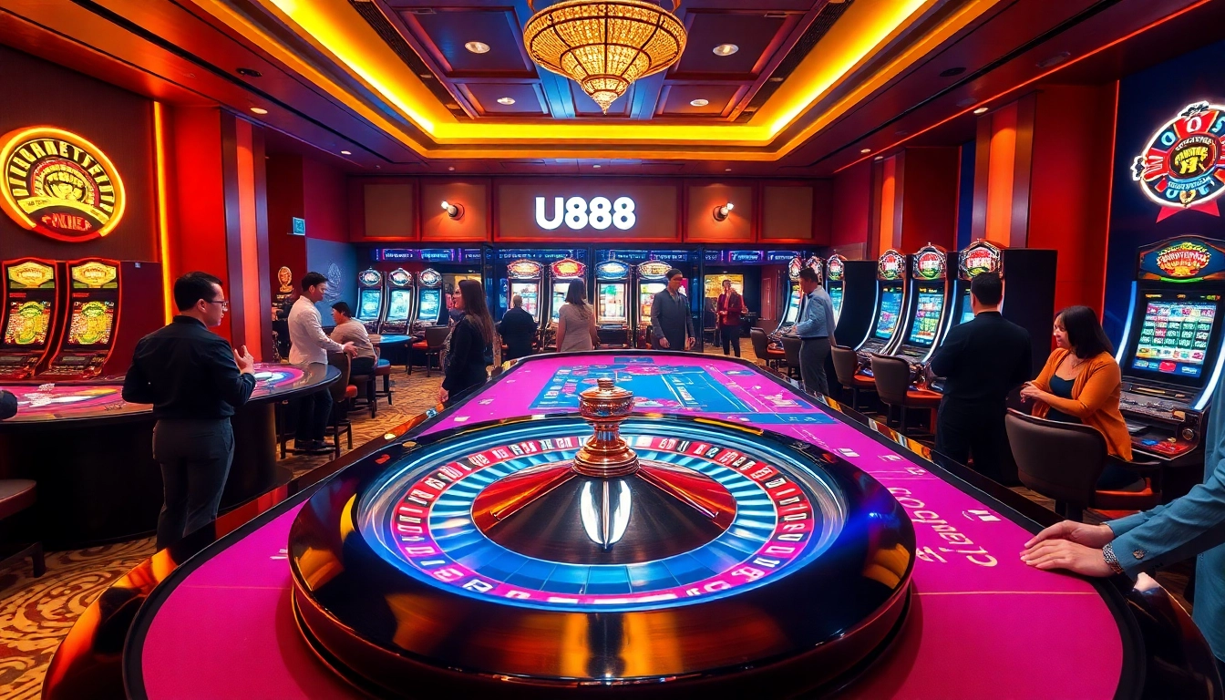 Cena do cassino U888 com roleta, mesas de pôquer e máquinas caça-níqueis vibrantes em um ambiente luxuoso.