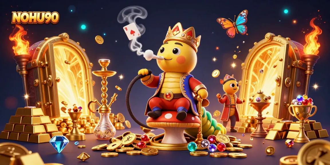 Engage with NOHU90 in a vibrant casino scene featuring a caterpillar hookah-master amidst treasures.