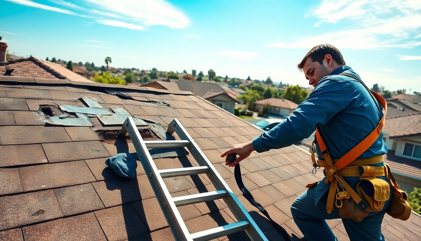 Roofer engaged in emergency roof repair Bay Area, showcasing detailed workmanship and tools.