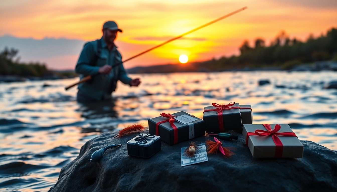 Exciting fly fishing gifts displayed by an angler casting in a serene river at sunset.