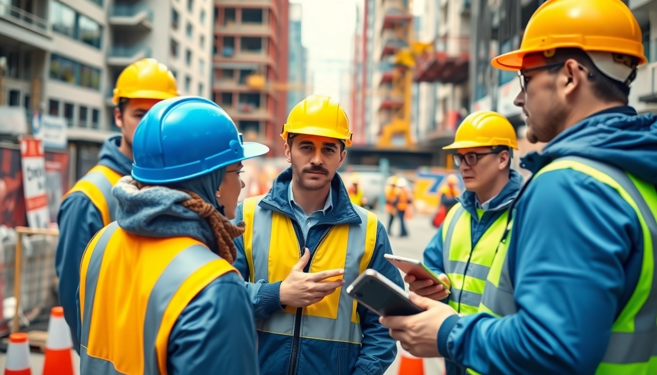 Engaged construction workers participate in construction safety training onsite with prominent safety gear.