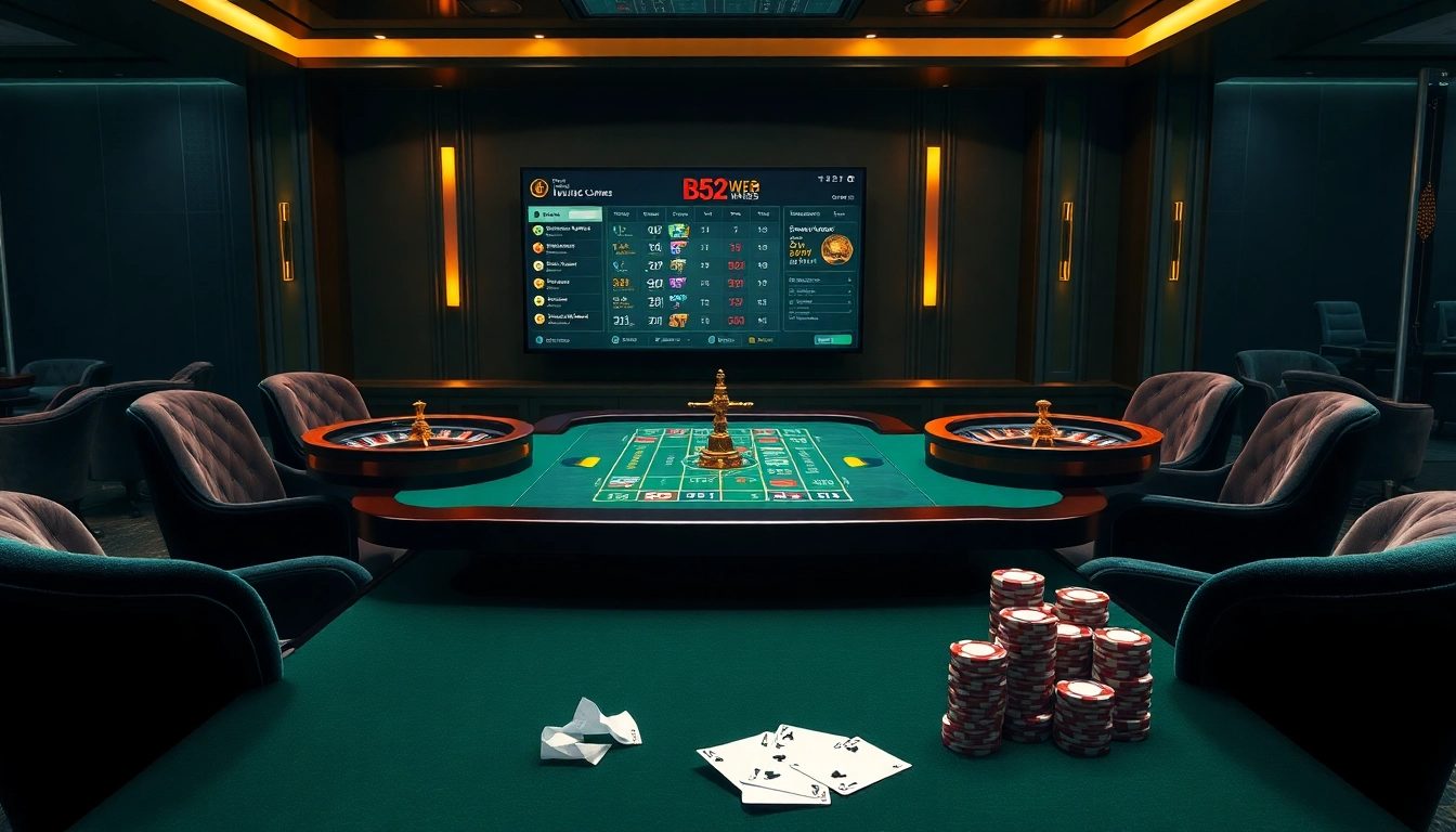 B52 WEB showcases an elegant casino gambling scene featuring a luxurious roulette table and exciting slot games.