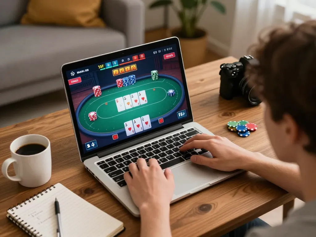 I9BET player engaging in online poker from a cozy home setup with strategy notes and warm lighting.