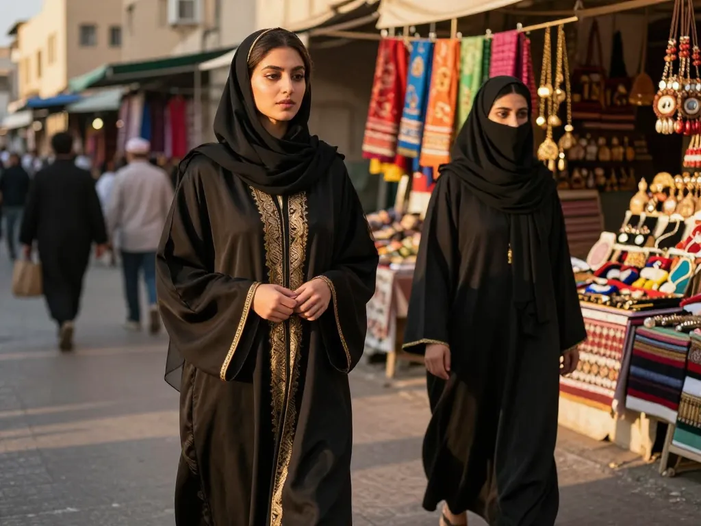 Burka vs abaya: Fashionable women representing traditional garments in a vibrant market.