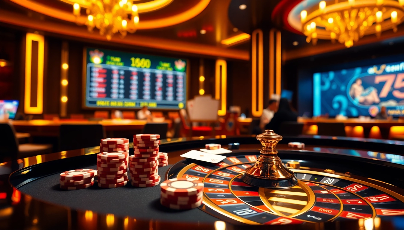 Experience game bài đổi thưởng excitement at a luxury casino, featuring roulette and poker elements.