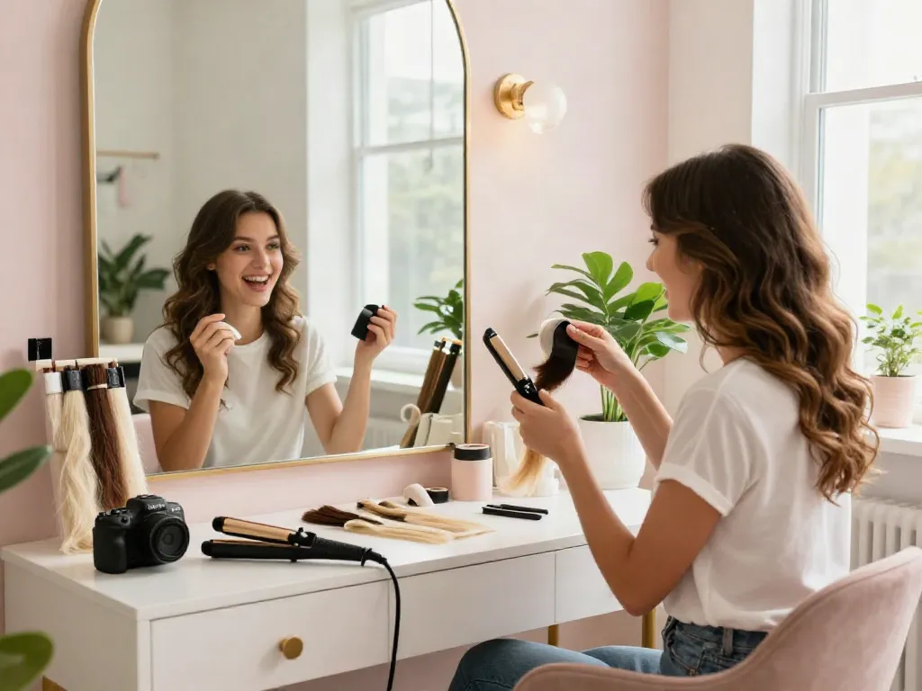 Woman joyfully exploring the best tape in extensions for beginners at a stylish vanity in a beauty studio