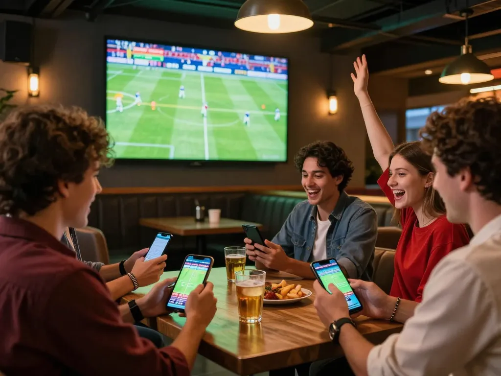 Engaged friends placing bets while watching a football match on TV at a lively bar, emphasizing lương sơn tv experience.