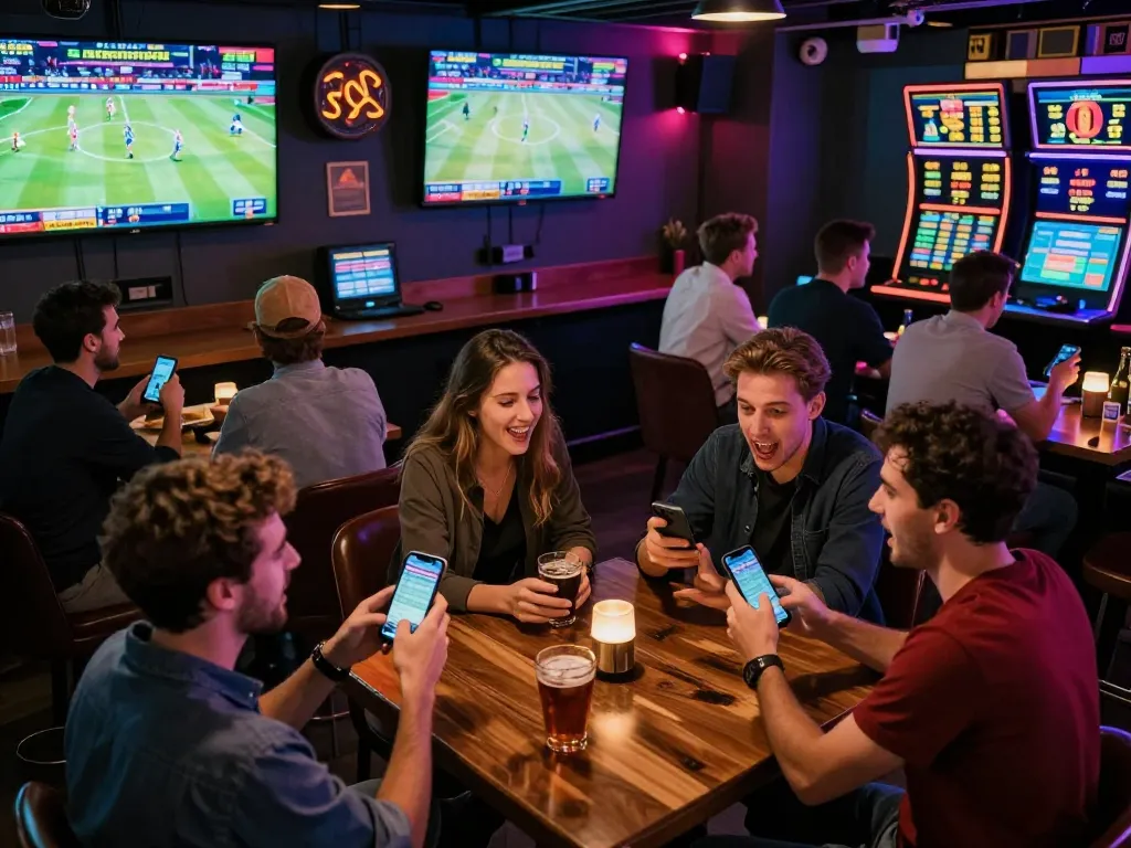 Sky88 users placing bets in a lively sports bar with multiple screens and vibrant atmosphere