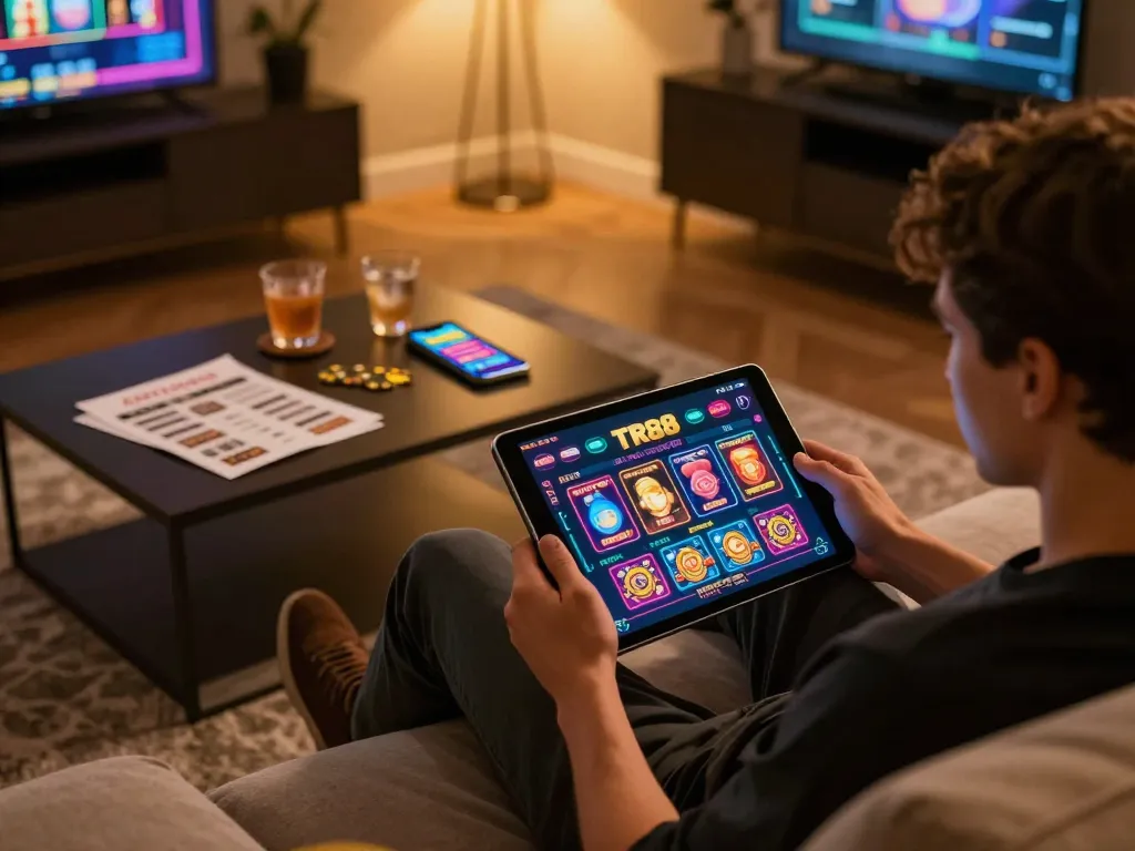 Engaged player enjoying TR88 casino games on a tablet in a cozy living room setting.